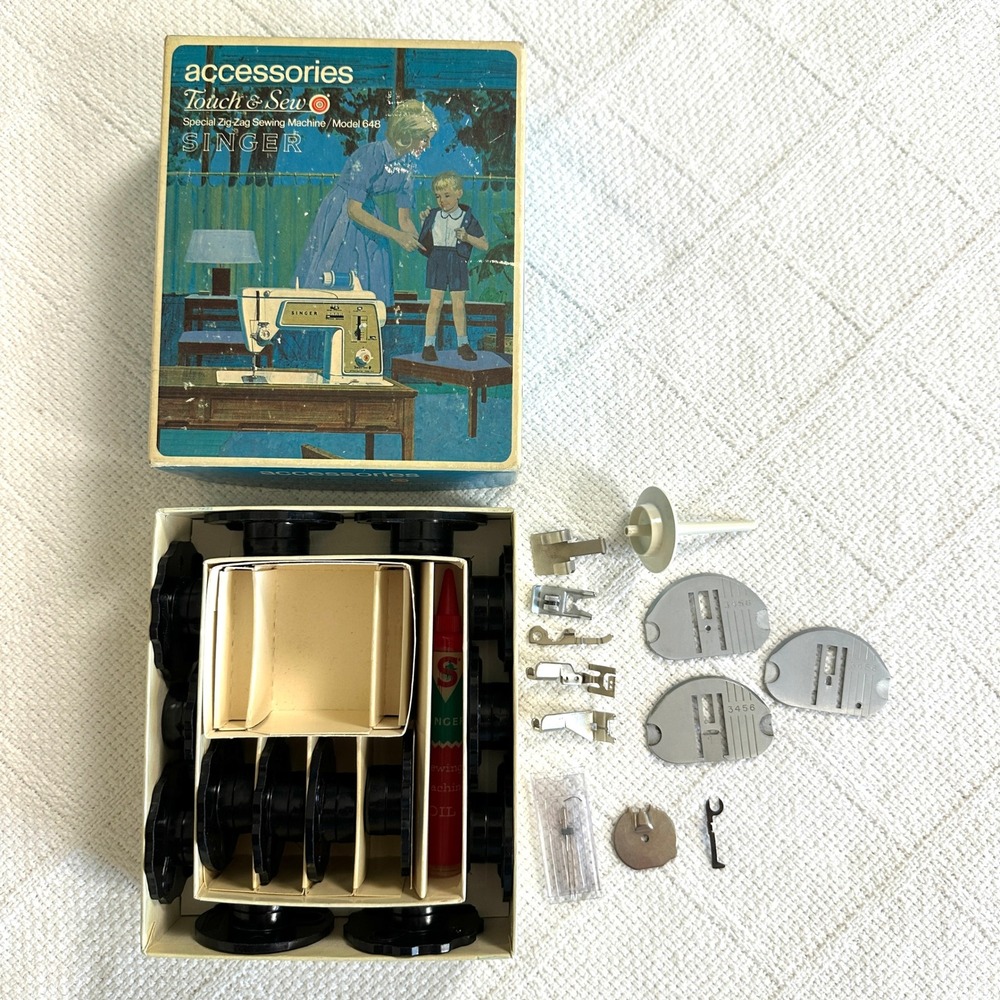 VTG Singer Touch Sew Model 648 Accessory Kit Bobbins Feet Box 60s 70s MCM